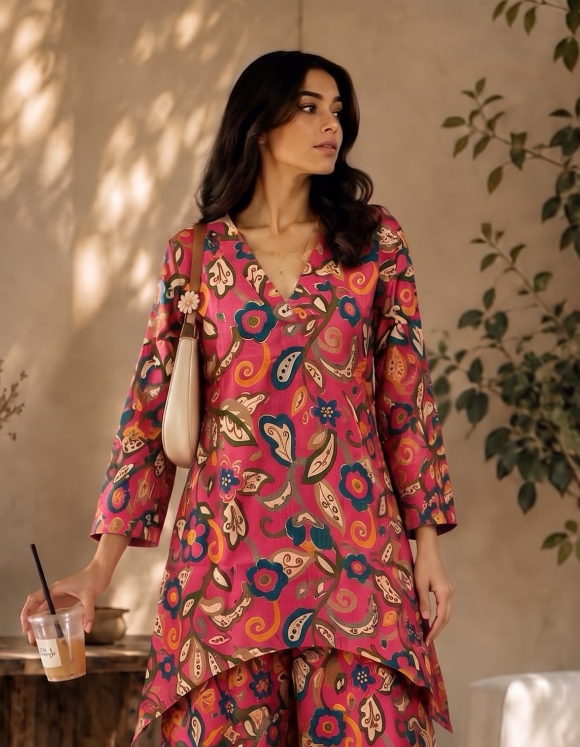 Raspberry Pink Floral Paisley Print Co-ord Set – Kurta & Palazzo Pants | Festive Ethnic Wear