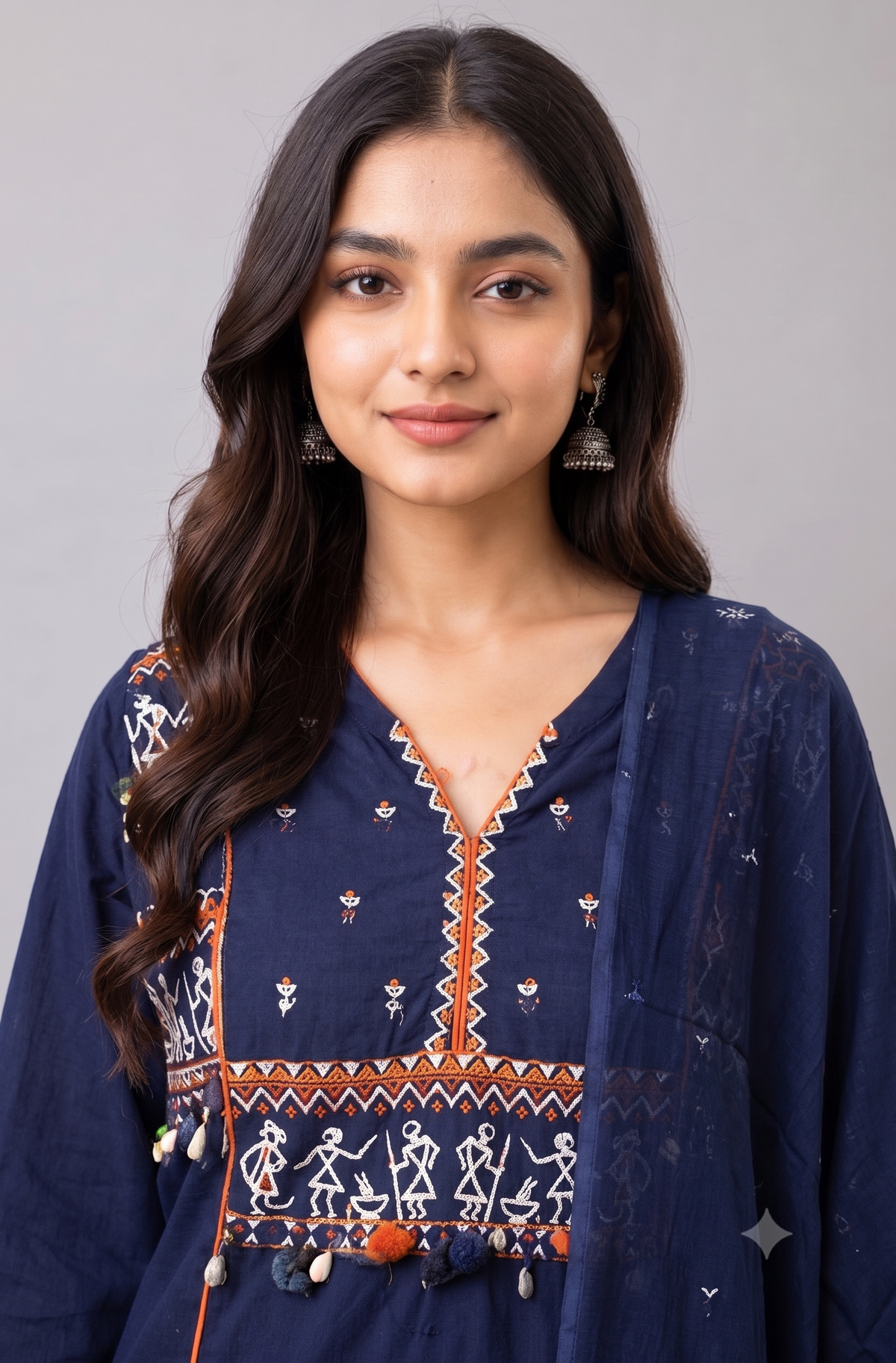 Navy Blue Warli Embroidered Kurta Set with Palazzo & Dupatta