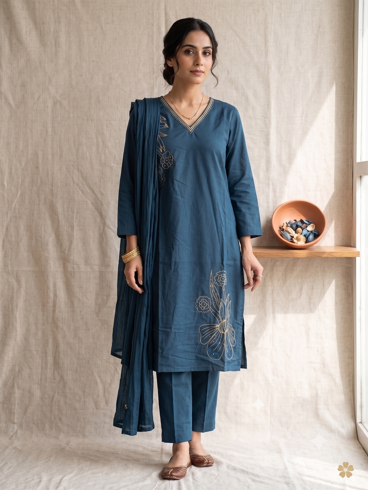 Teal blue embroidered kurta set with straight pants and dupatta — elegant festive wear by Resham Kapaas