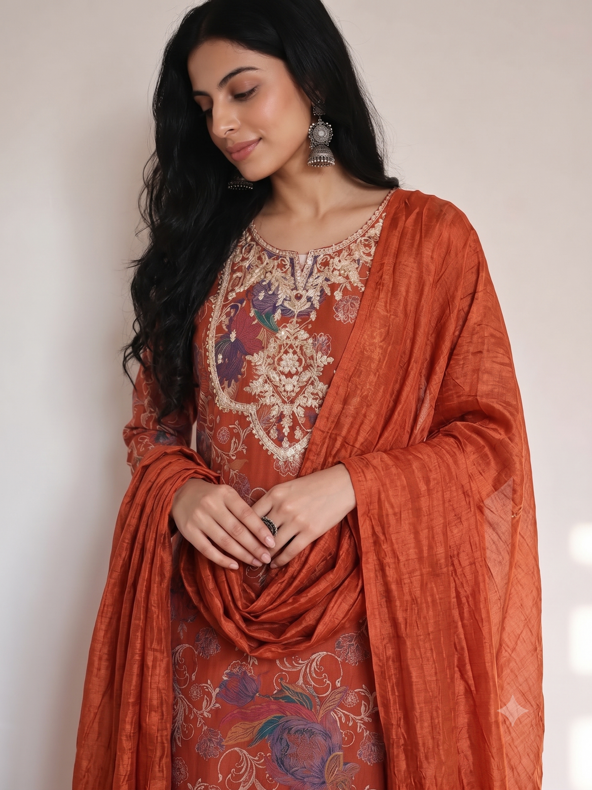 Rust Orange Floral & Paisley Print Kurta Set with Heavy Embroidered Neckline & Dupatta | Wedding Ethnic Wear