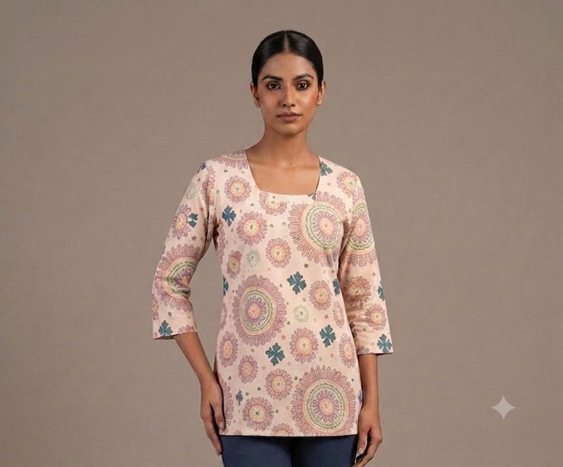 Peach Mandala Block Print Pure Cotton Short Kurti Tunic