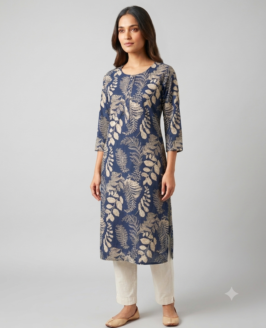 Indigo Blue Botanical Leaf Printed Cotton