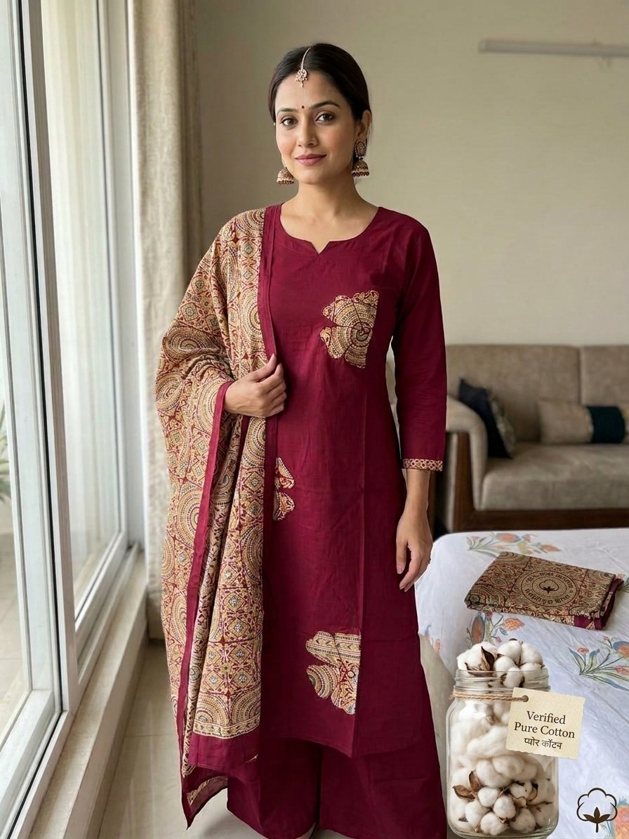 Maroon Kalamkari Patchwork Pure Cotton Kurta Set with Printed Dupatta