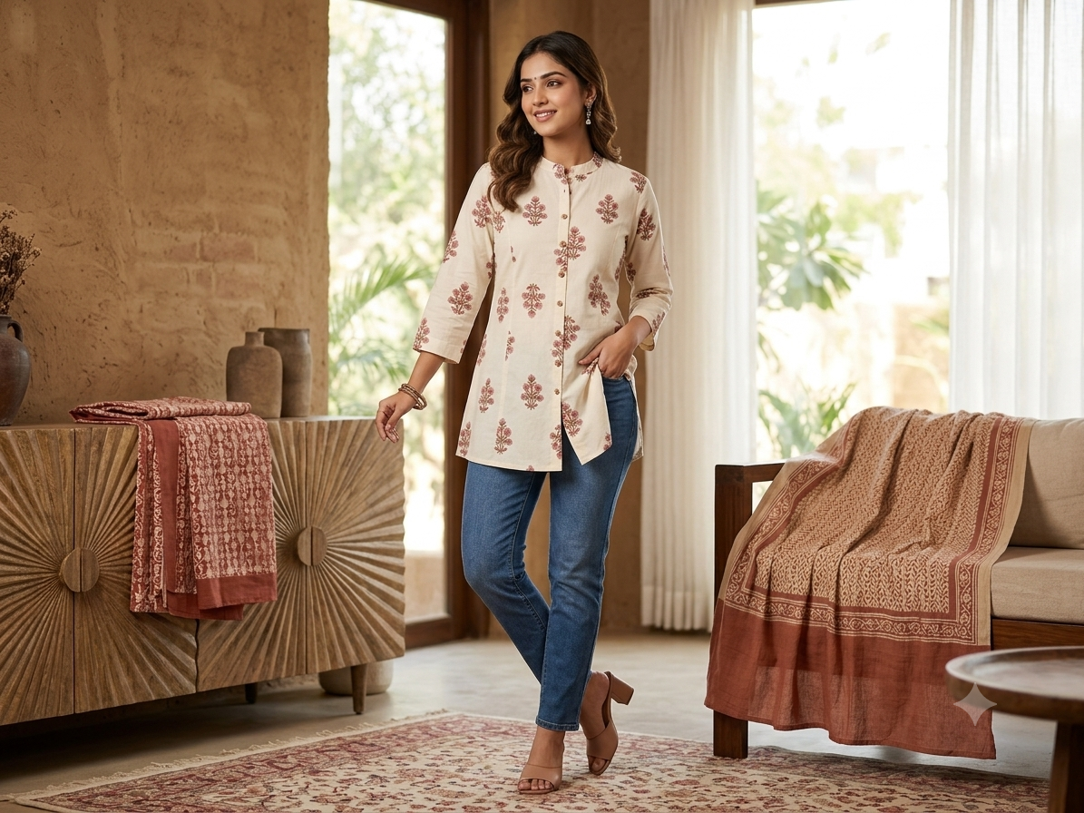 Off-White Floral Block Print Cotton Short Kurti Tunic