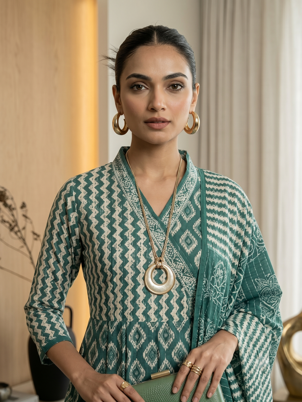 Teal Green Printed Kurta, Pants & Dupatta Set