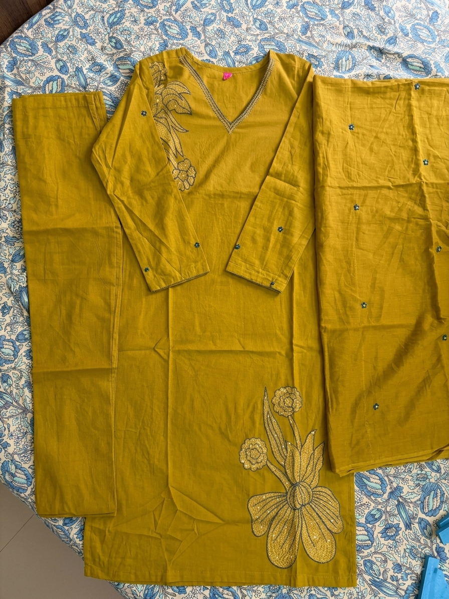 Mustard Yellow Floral Embroidered Kurta Set with Dupatta | Festive Ethnic Wear