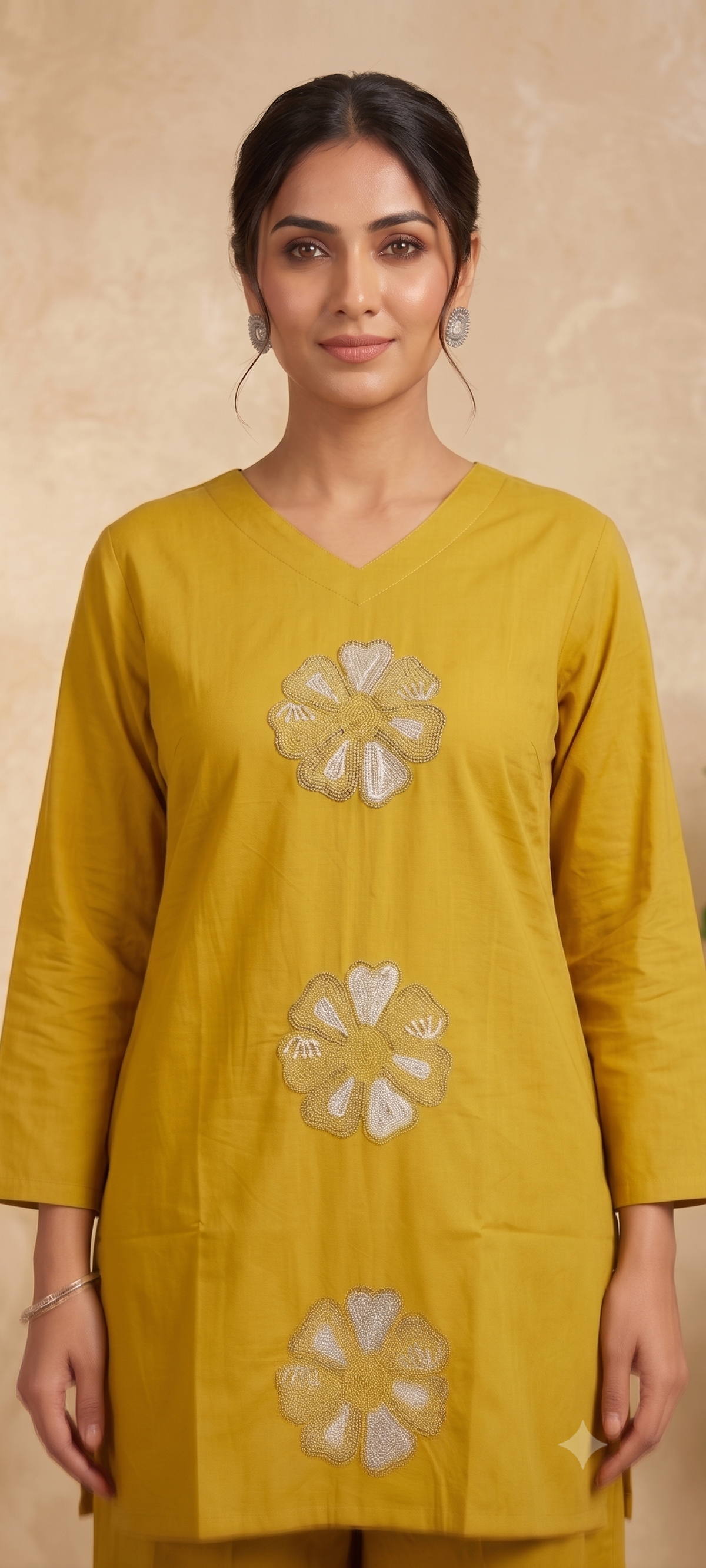 Mustard Yellow Floral Appliqué Cotton Kurta Set with Dupatta | Festive Ethnic Wear