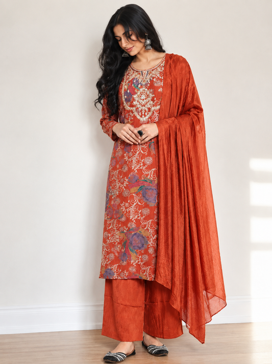 Rust Orange Floral & Paisley Print Kurta Set with Heavy Embroidered Neckline & Dupatta | Wedding Ethnic Wear