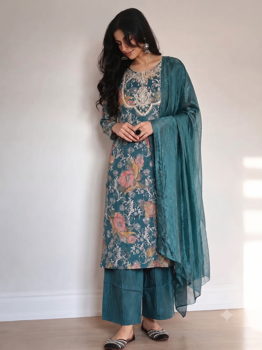 Teal Floral Print Kurta Set with Embroidered Neckline & Dupatta | Festive Ethnic Wear