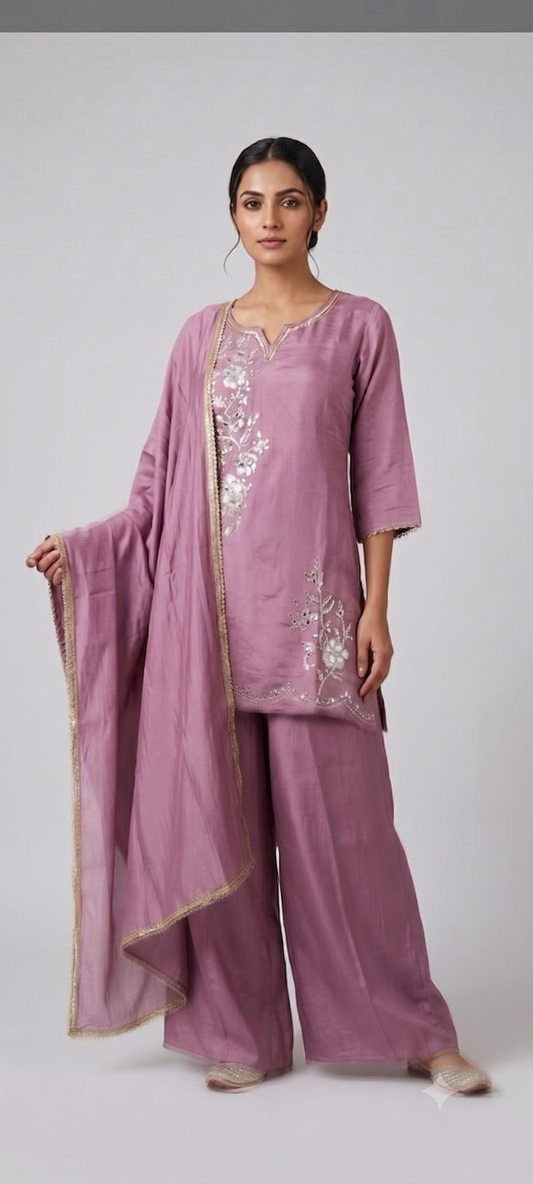 Dusty Rose Floral Embroidered Kurta Set with Palazzo & Dupatta