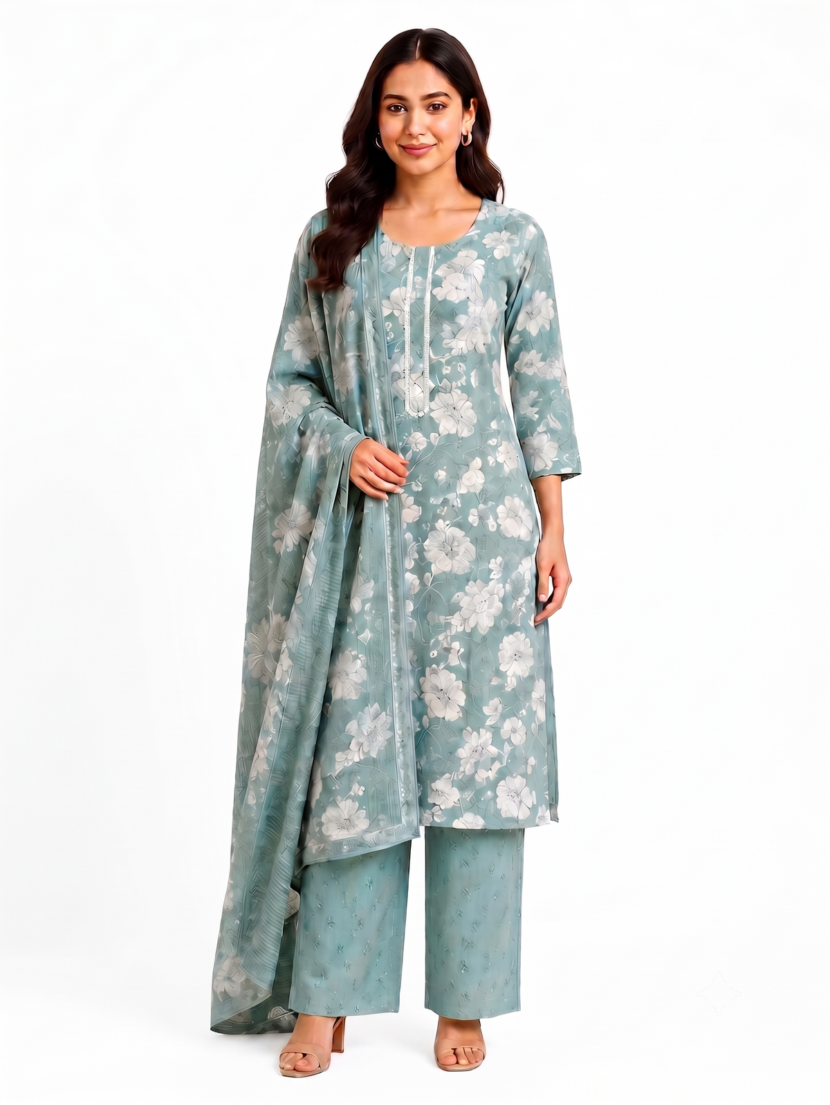 Sage green floral printed kurta set with palazzo pants and dupatta — full front view