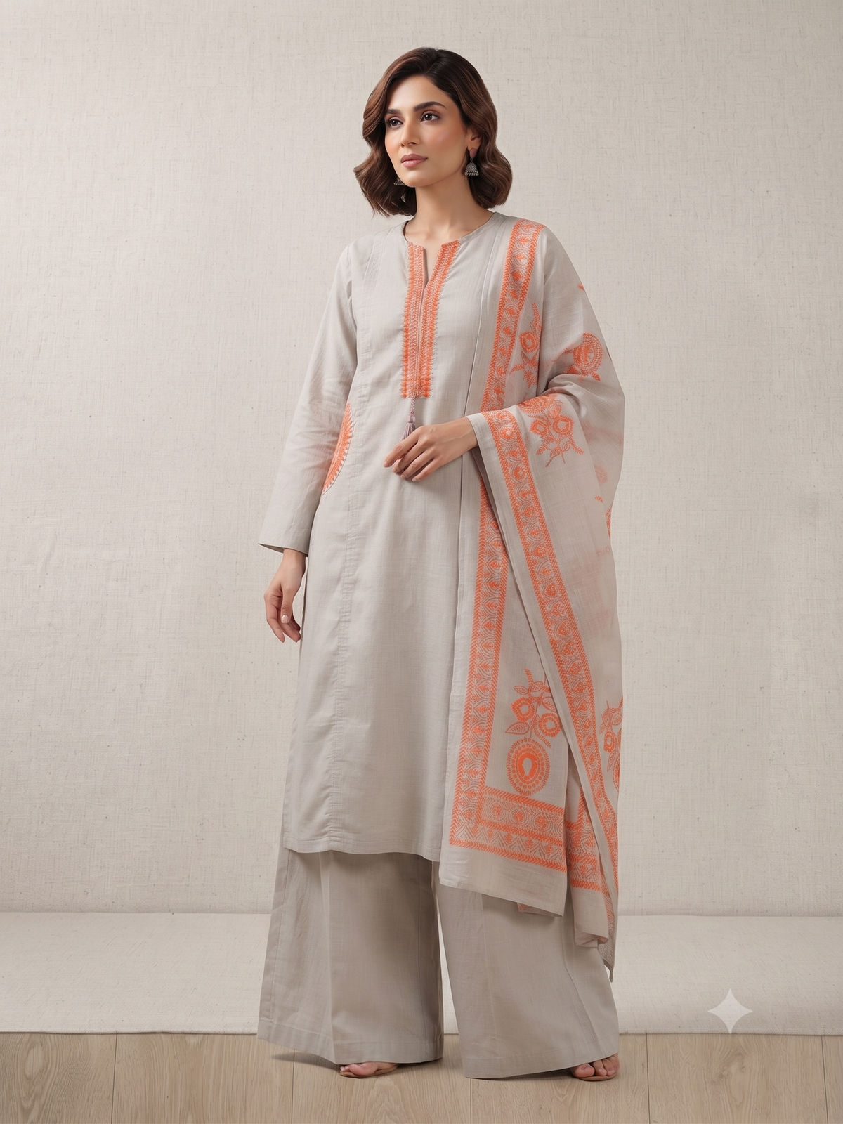 Grey Embroidered Cotton Kurta Set with Dupatta | Festive Ethnic Wear