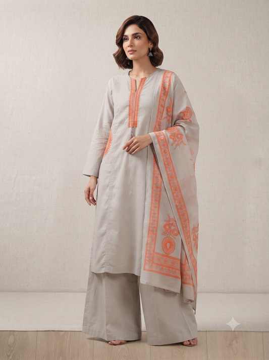 Grey Embroidered Cotton Kurta Set with Dupatta | Festive Ethnic Wear