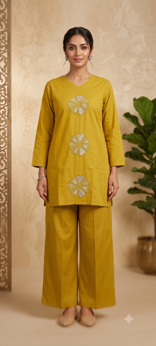Mustard Yellow Floral Appliqué Cotton Kurta Set with Dupatta | Festive Ethnic Wear