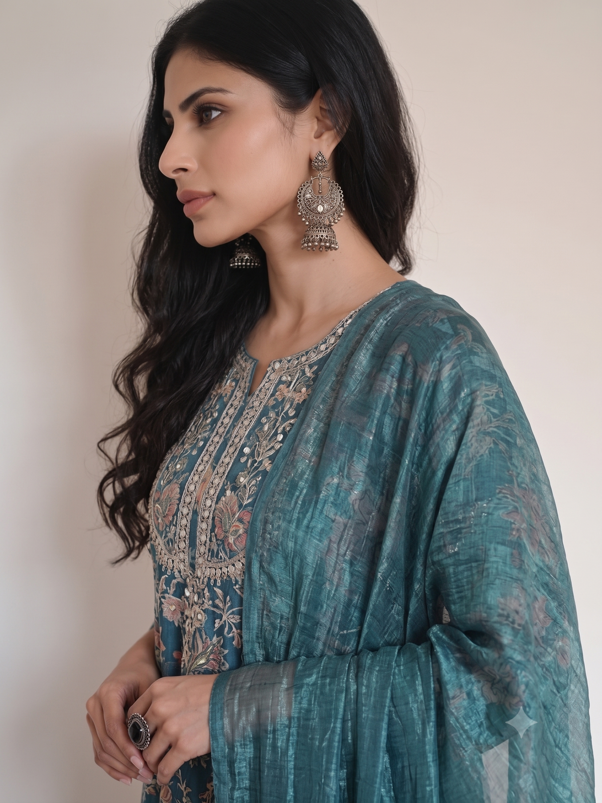 Teal Floral Print Kurta Set with Embroidered Neckline & Dupatta | Festive Ethnic Wear