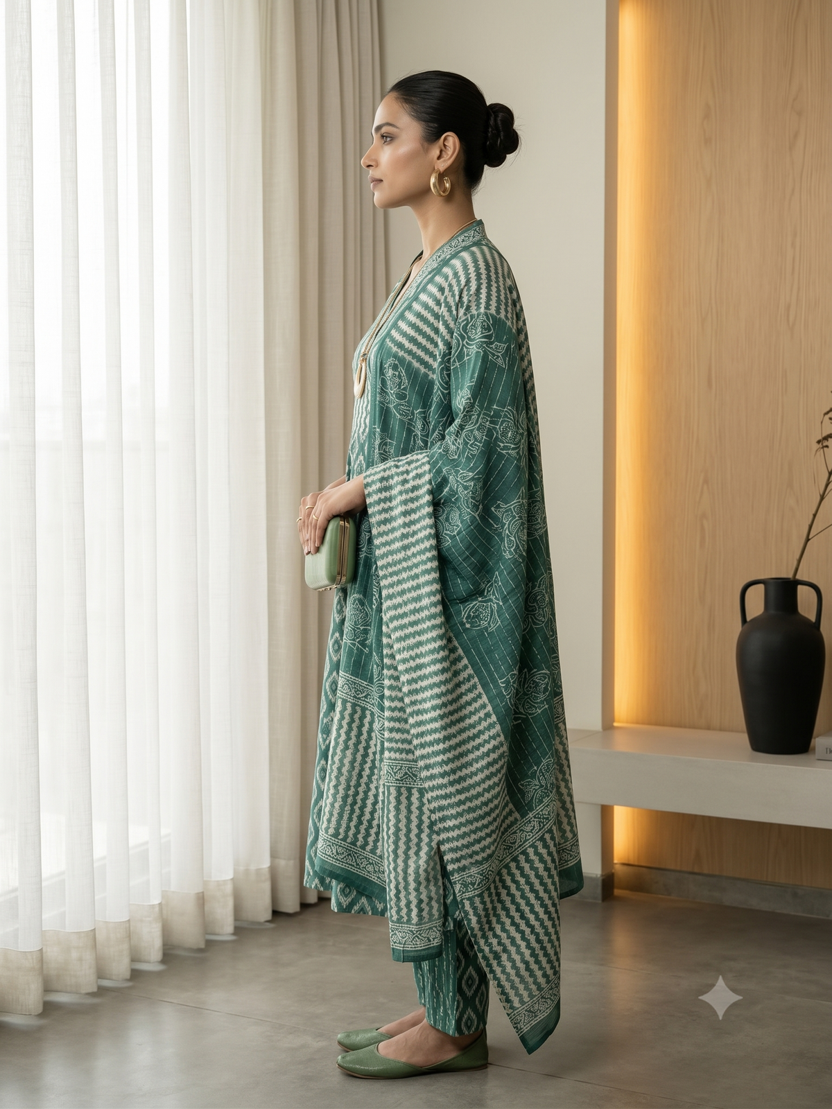 Teal Green Printed Kurta, Pants & Dupatta Set