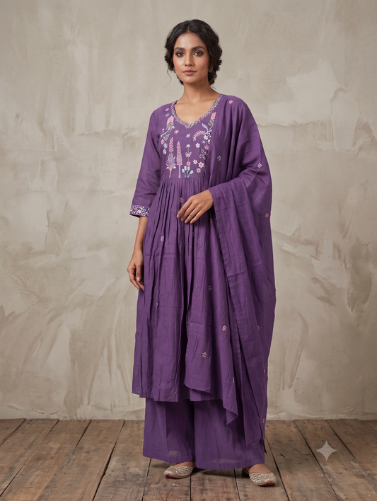 Purple Floral Embroidered Anarkali Kurta Set with Dupatta | Wedding Ethnic Wear