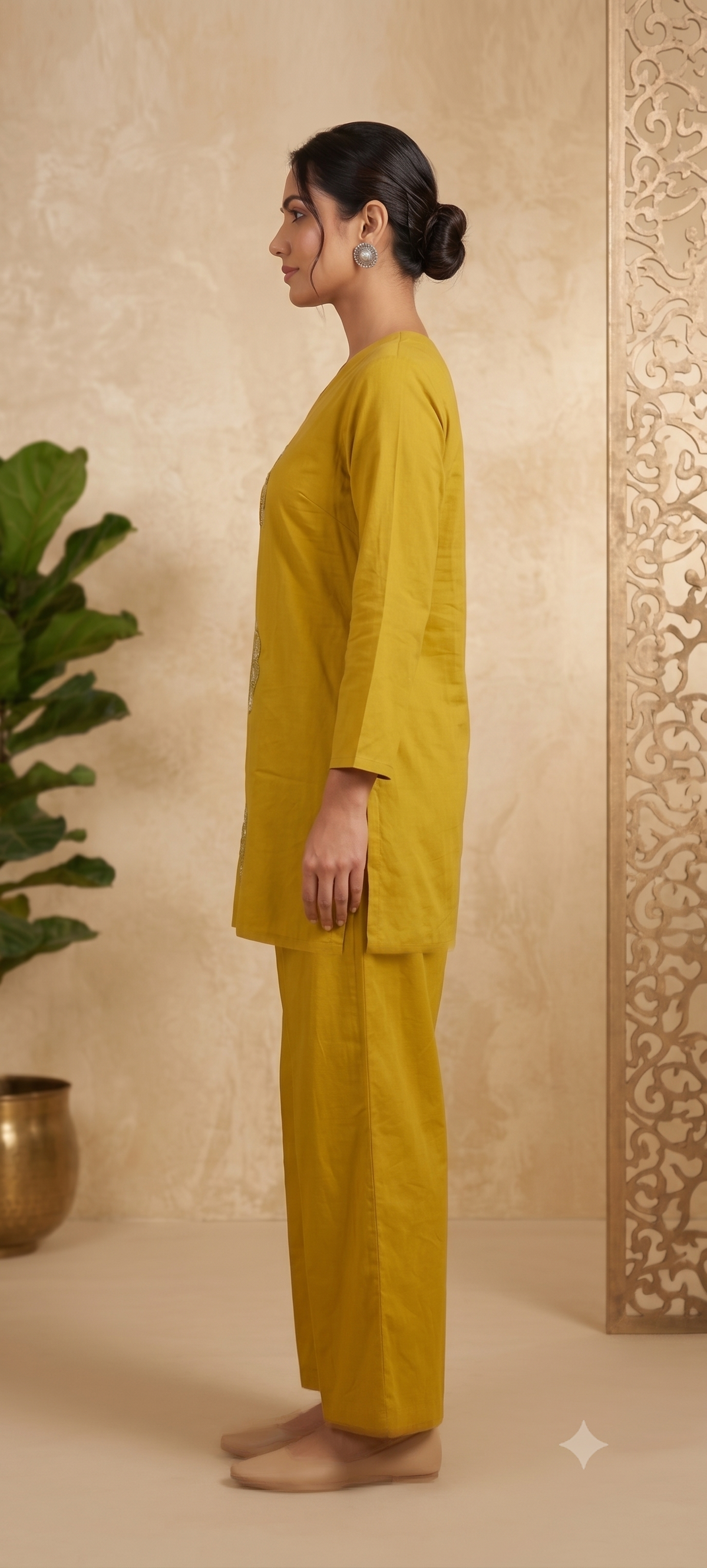 Mustard Yellow Floral Appliqué Cotton Kurta Set with Dupatta | Festive Ethnic Wear