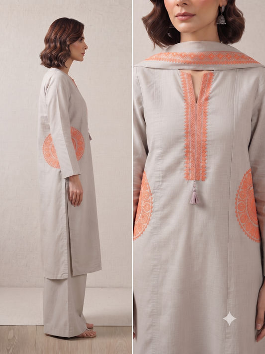 Grey Embroidered Cotton Kurta Set with Dupatta | Festive Ethnic Wear