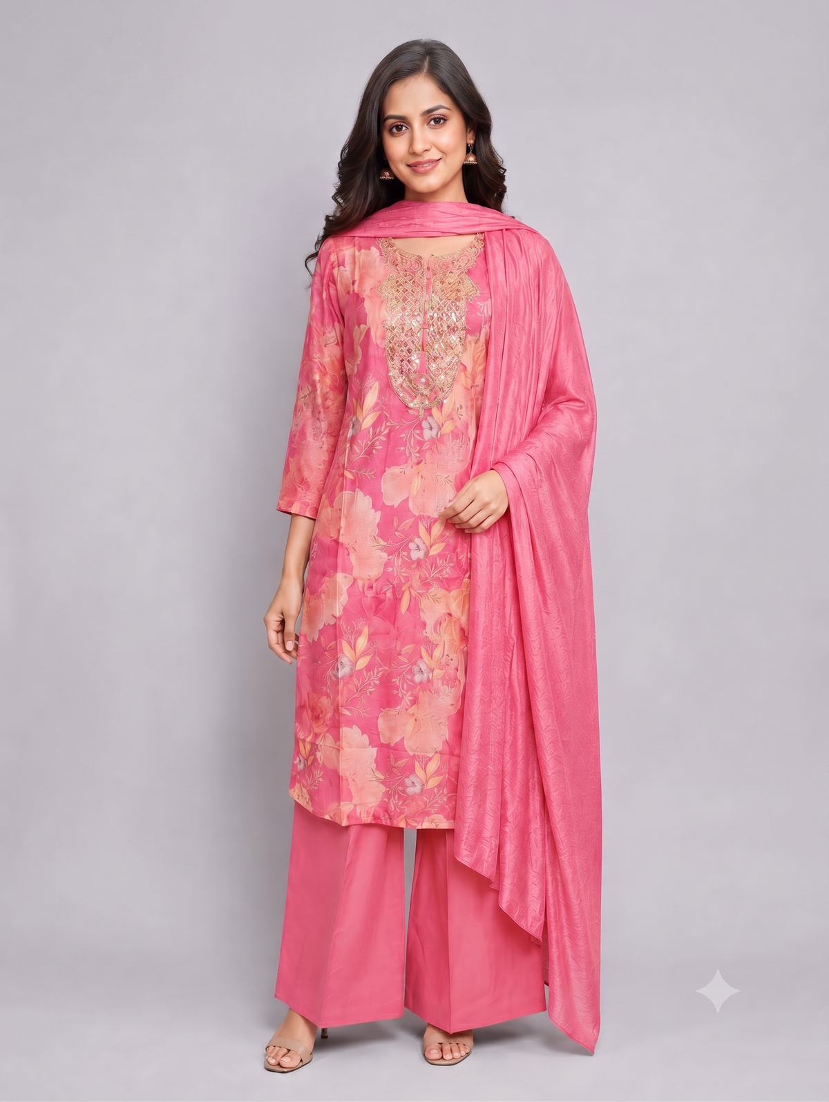 Pink Floral Print Kurta Set with Embroidered Neckline & Dupatta | Festive Ethnic Wear