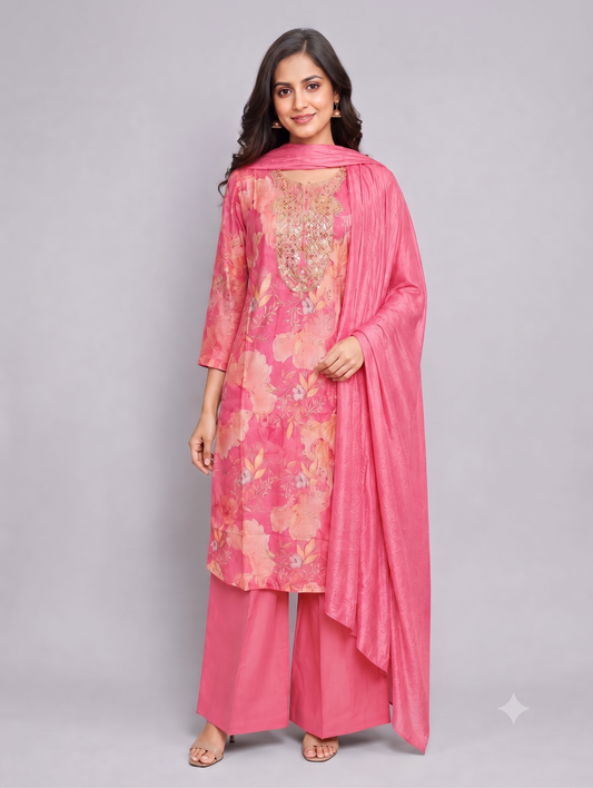Pink Floral Print Kurta Set with Embroidered Neckline & Dupatta | Festive Ethnic Wear