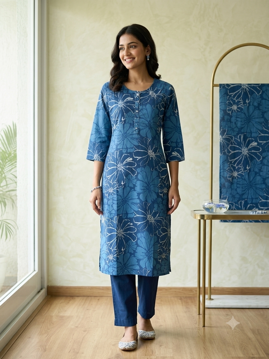 Indigo Blue Floral Batik Print Cotton Kurta Set with Dupatta
