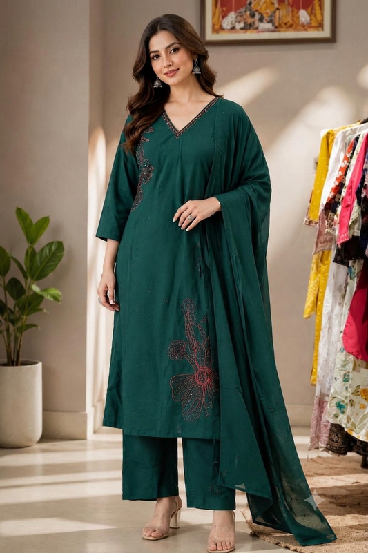 Emerald Green Floral Embroidered Cotton Silk Kurta Set with Dupatta