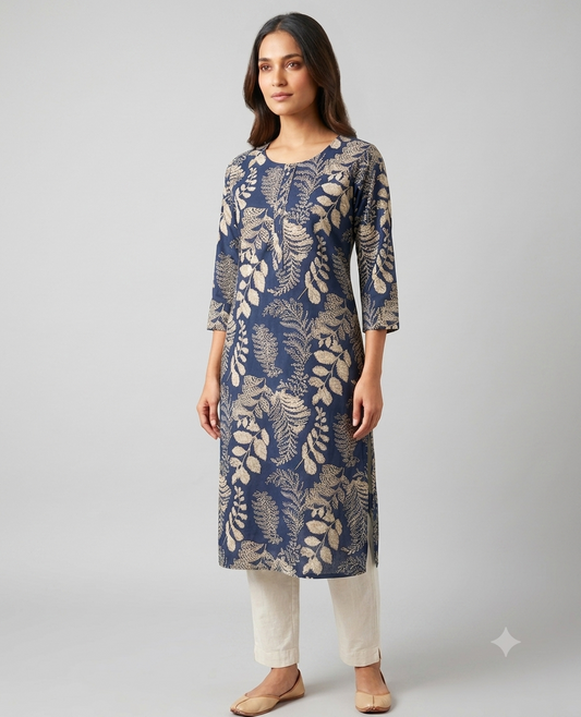 Indigo Blue Botanical Leaf Printed Cotton