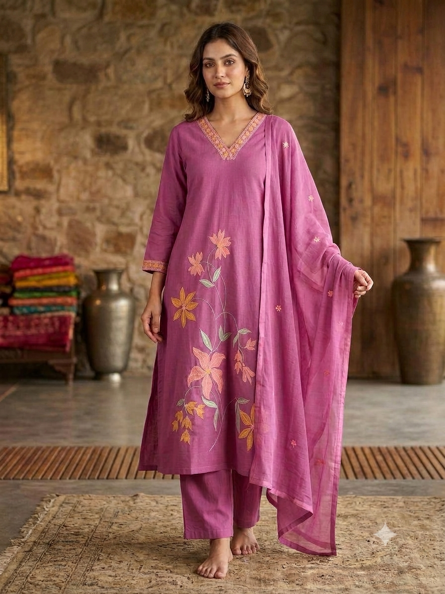 Mauve Purple Floral Embroidered Cotton Silk Kurta Set with Dupatta