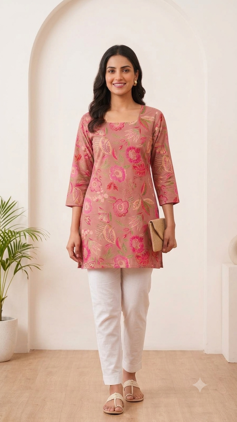 Rose Pink Floral Print Short Tunic Kurti
