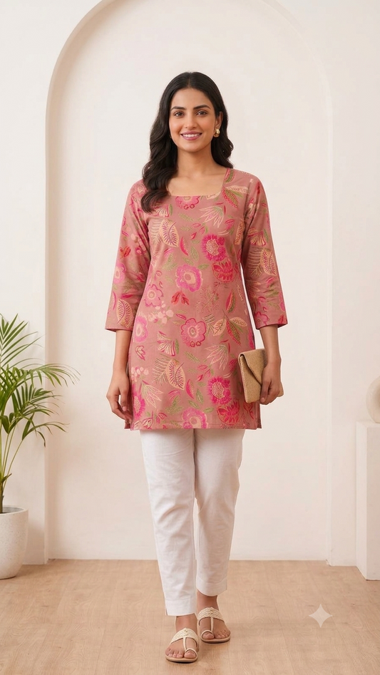 Rose Pink Floral Print Short Tunic Kurti