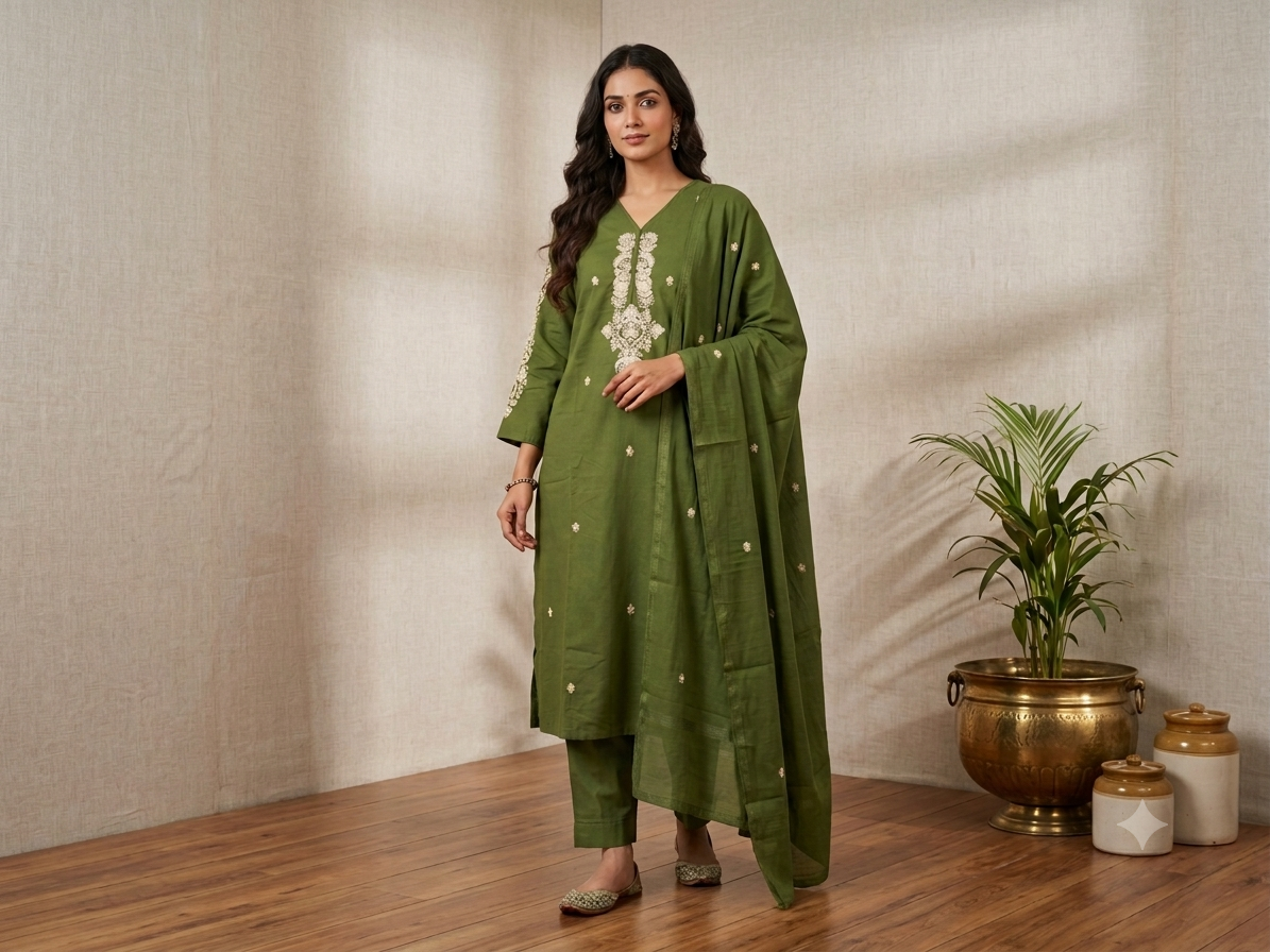 Olive Green Yoke Embroidered Cotton Silk Kurta Set with Dupatta