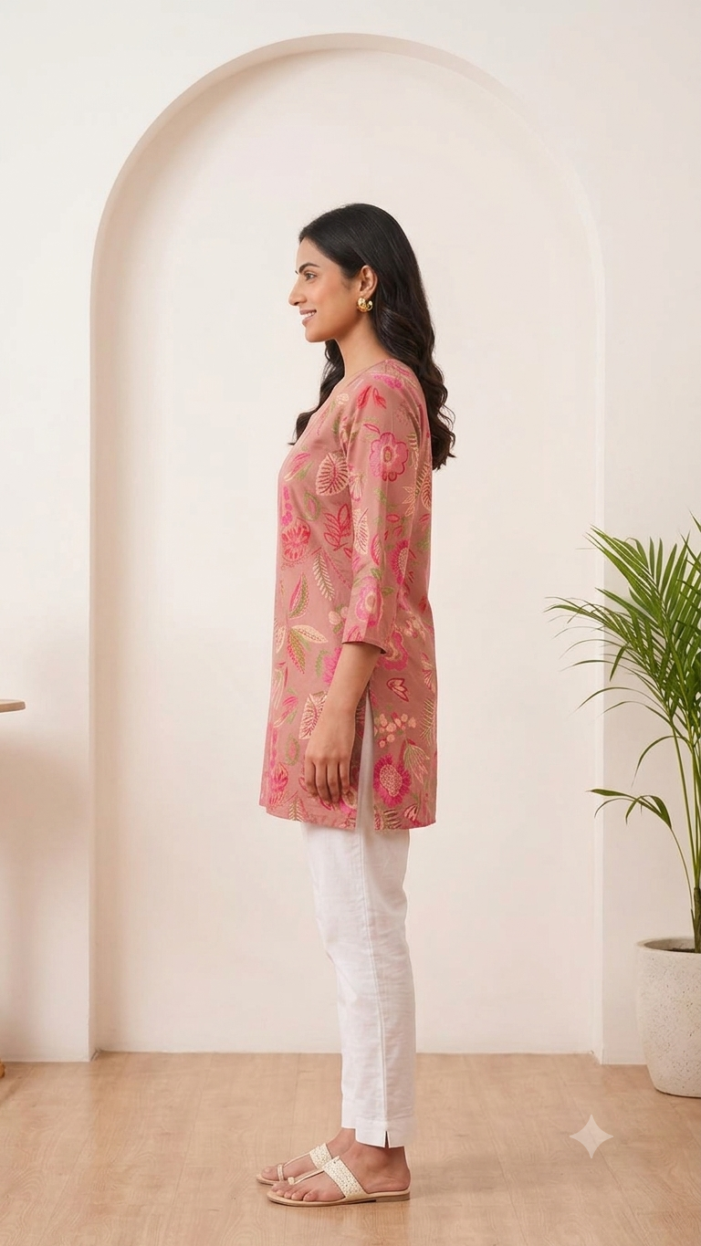 Rose Pink Floral Print Short Tunic Kurti