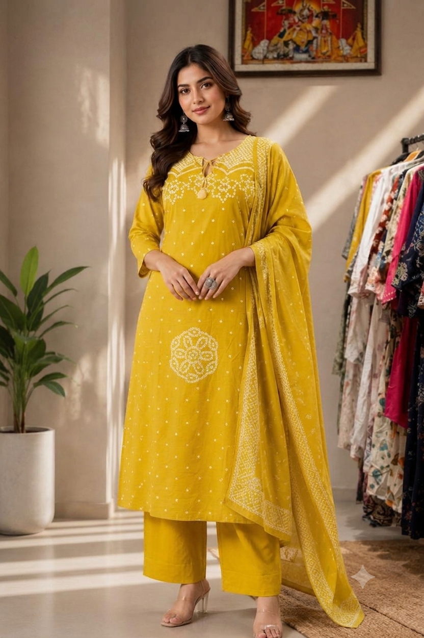 Mustard Yellow Bandhani Print Cotton Kurta Set with Tassels & Dupatta
