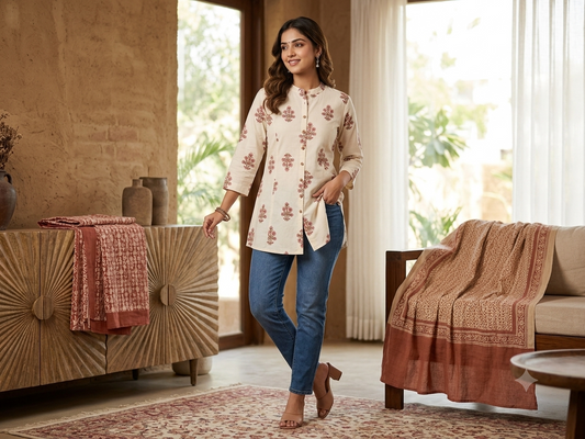 Off-White Floral Block Print Cotton Short Kurti Tunic