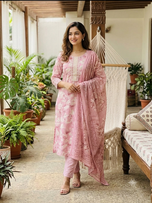 Blush Pink Floral Printed Cotton Kurta Set with Embroidered Yoke & Dupatta