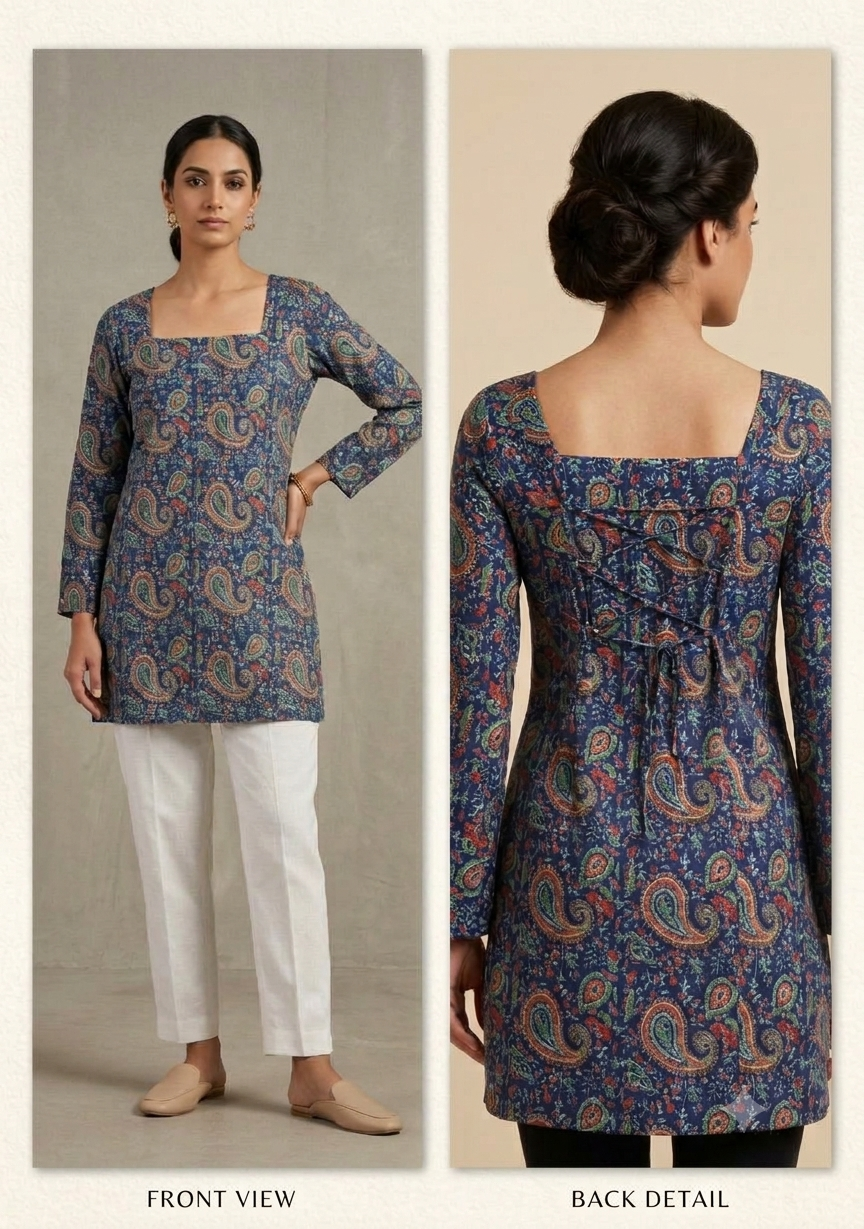 Indigo Blue Paisley Print Pure Cotton Short Kurti with Back Lace-Up DetailIi