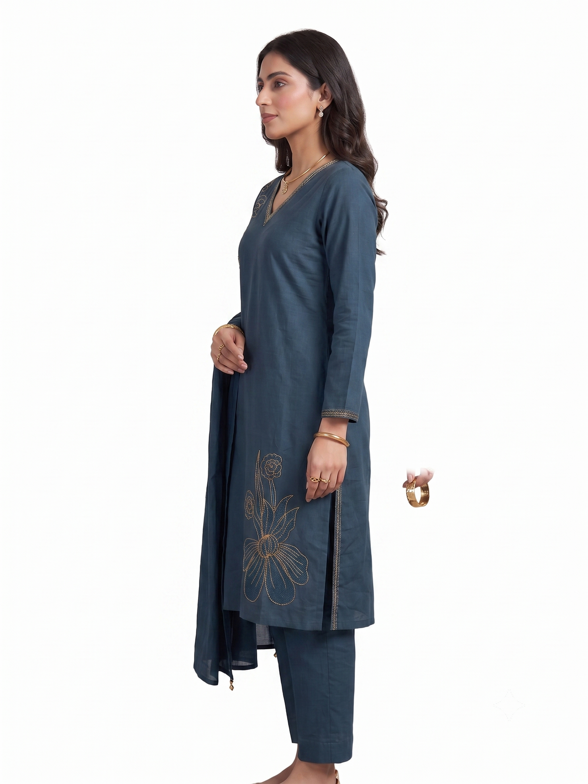 Teal Blue Embroidered Kurta Set with Dupatta