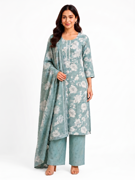 Sage Floral Kurta Set with Palazzo & Dupatta