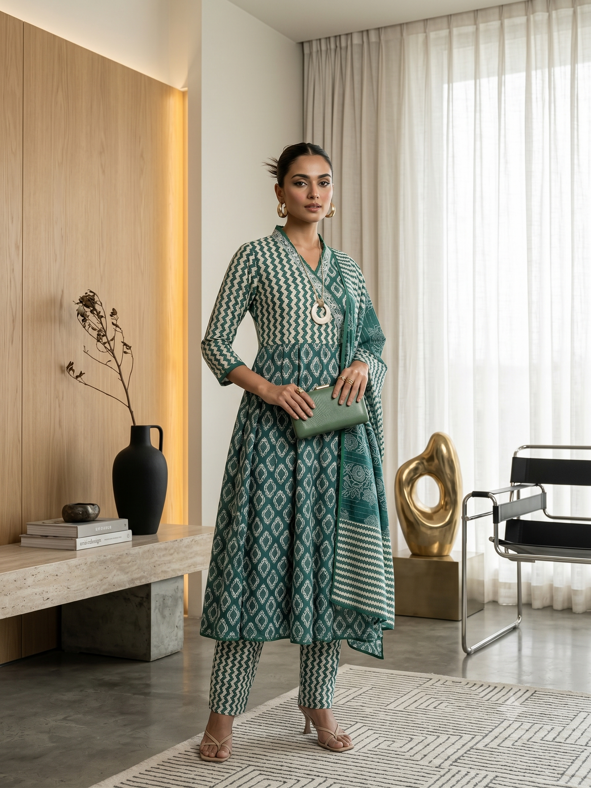 Teal Green Printed Kurta, Pants & Dupatta Set