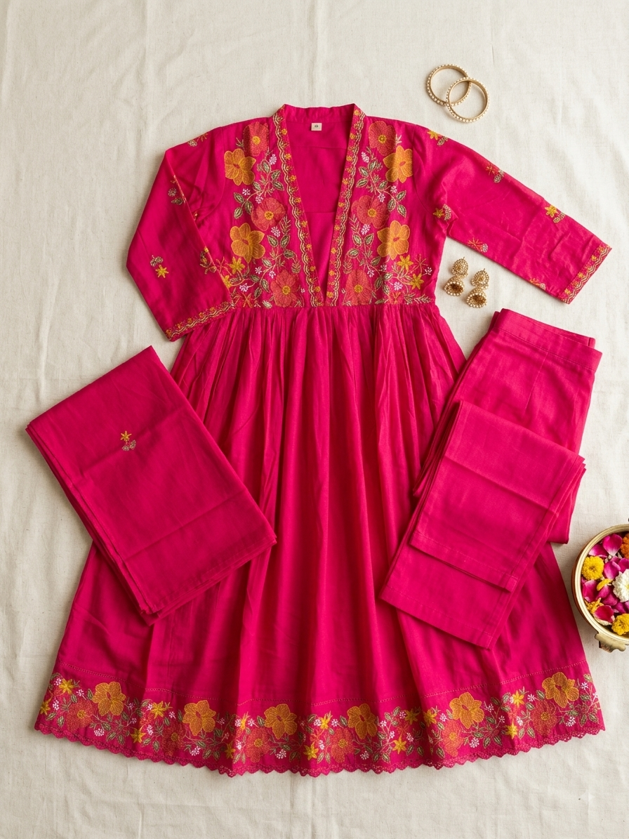 Rani Pink Floral Embroidered Anarkali Kurta Set with Dupatta | Wedding Ethnic Wear
