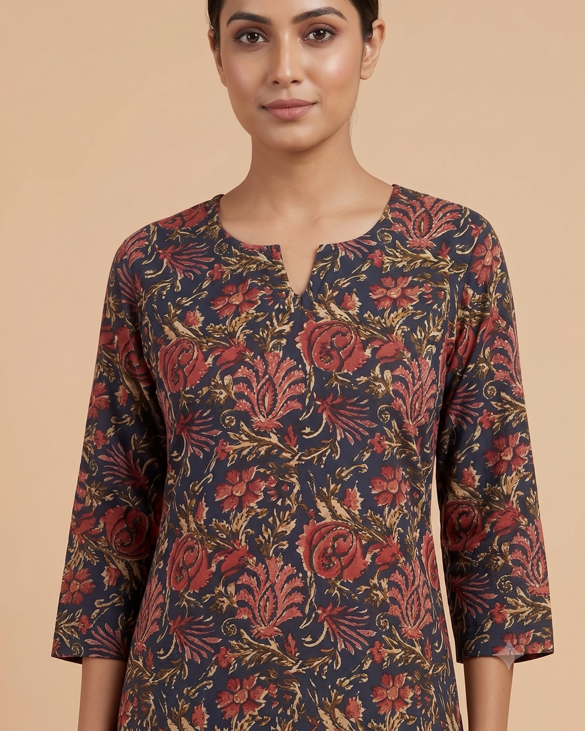 Dark Floral Kalamkari Straight Kurti | Cotton Blend