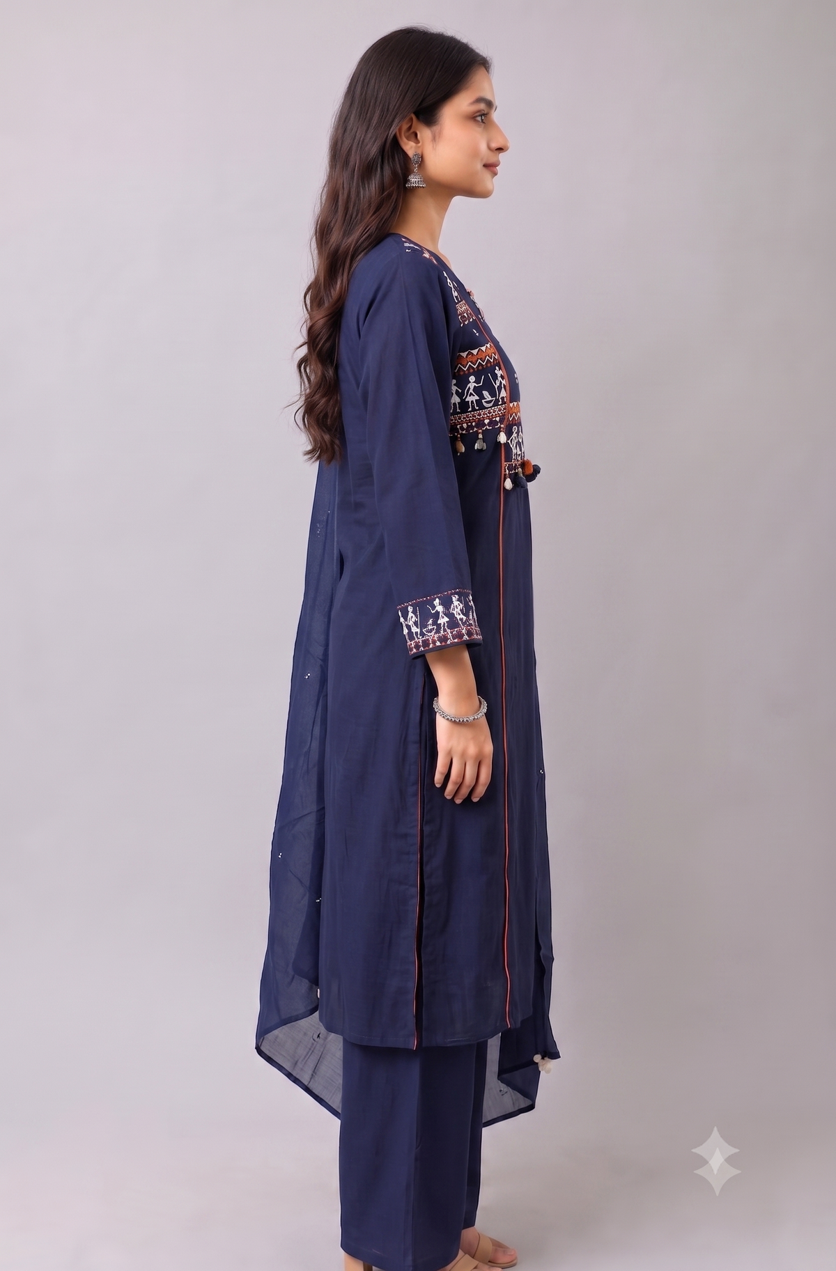 Navy Blue Warli Embroidered Kurta Set with Palazzo & Dupatta