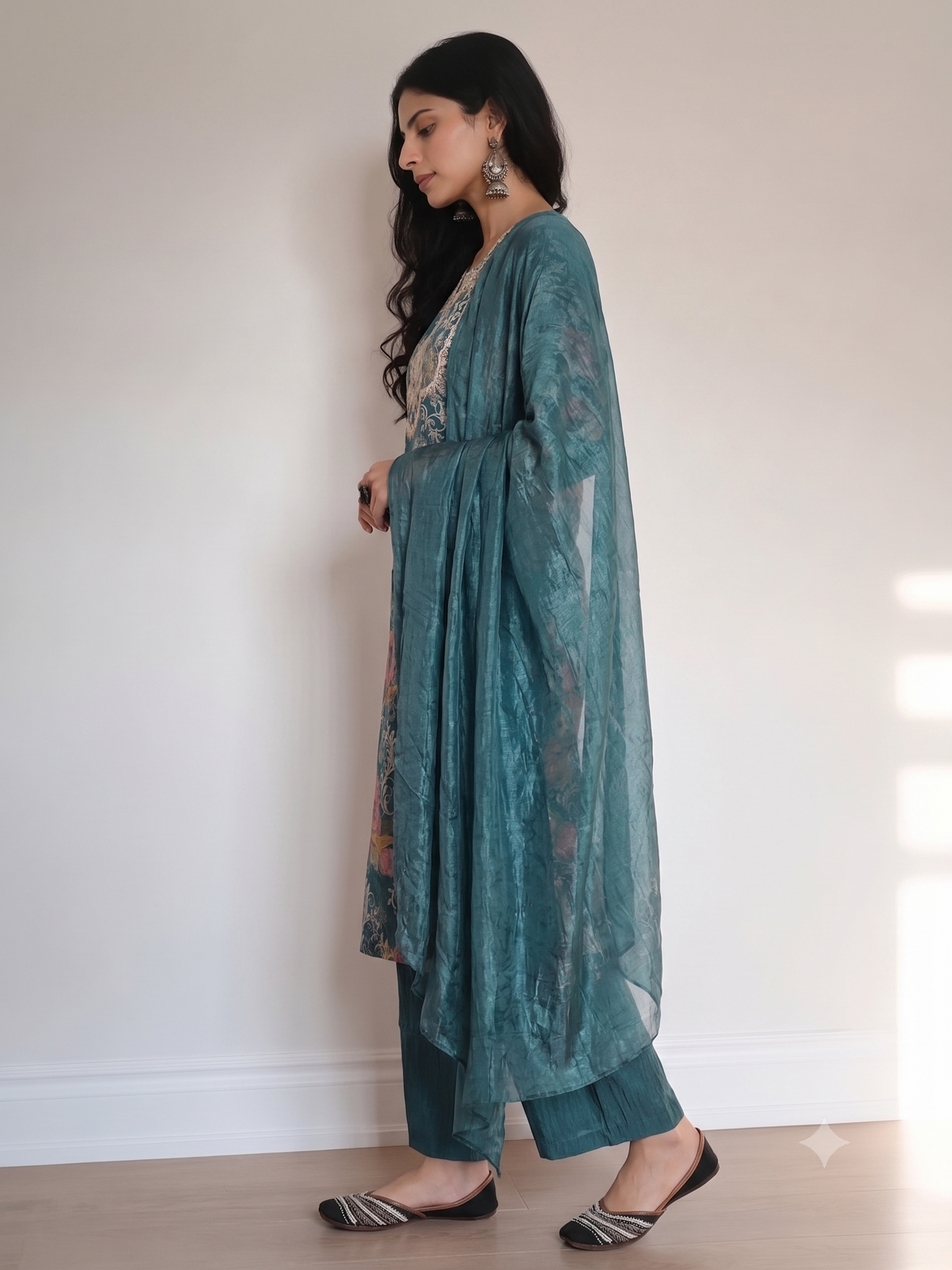 Teal Floral Print Kurta Set with Embroidered Neckline & Dupatta | Festive Ethnic Wear