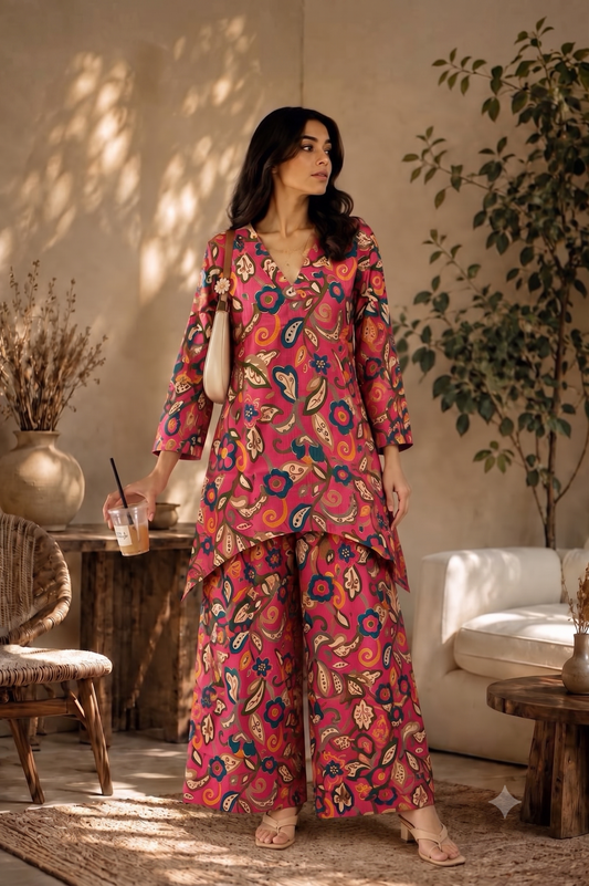 Raspberry Pink Floral Paisley Print Co-ord Set – Kurta & Palazzo Pants | Festive Ethnic Wear