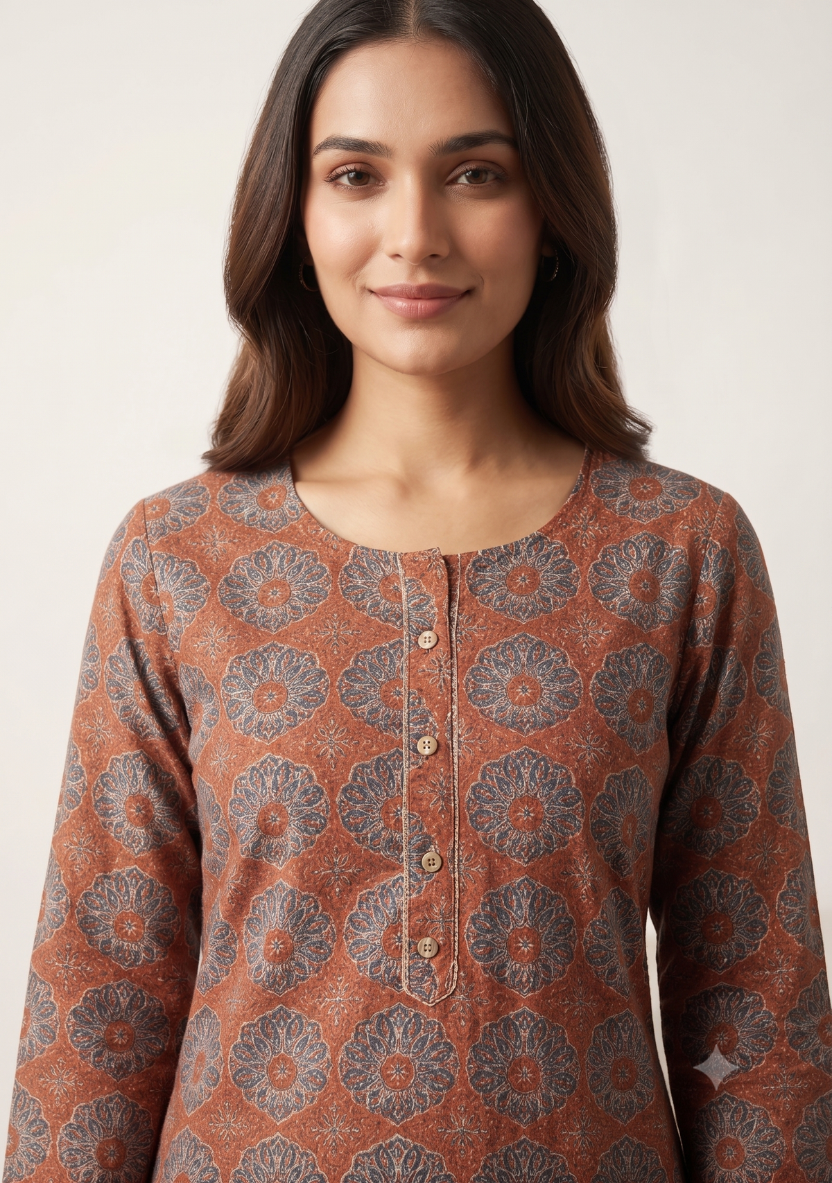 Rust Medallion Print Straight Kurti | Cotton Blend