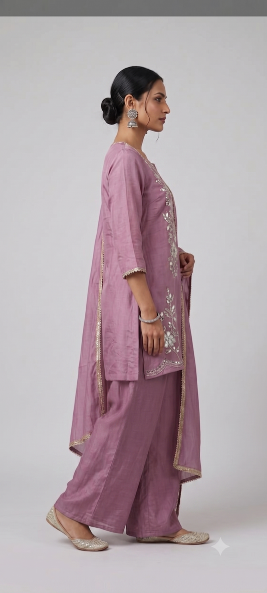 Dusty Rose Floral Embroidered Kurta Set with Palazzo & Dupatta