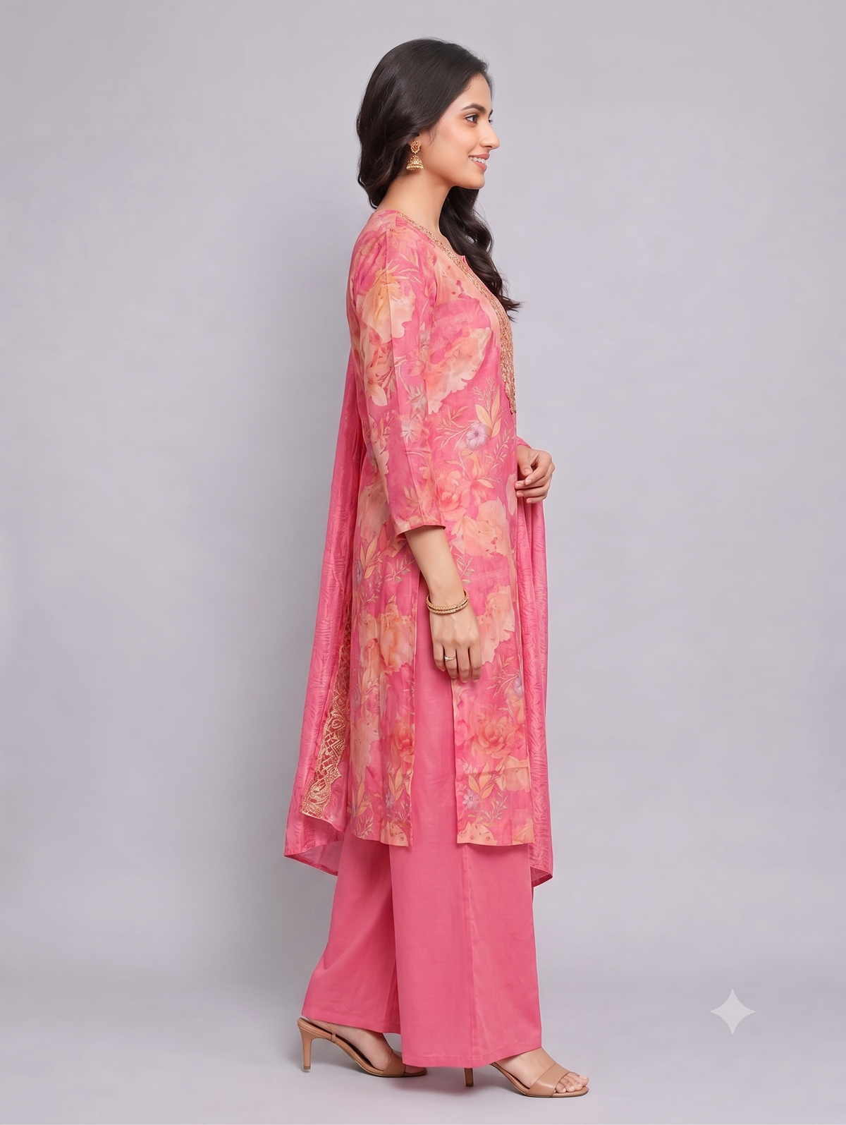 Pink Floral Print Kurta Set with Embroidered Neckline & Dupatta | Festive Ethnic Wear
