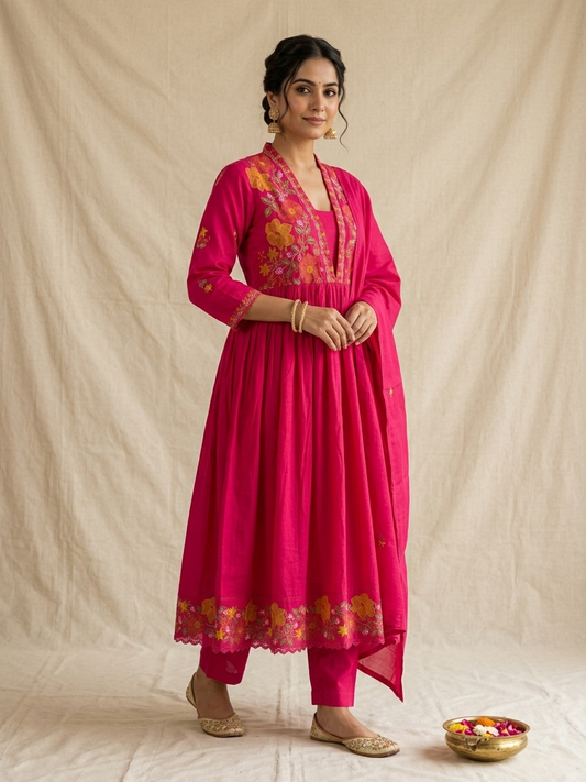 Rani Pink Floral Embroidered Anarkali Kurta Set with Dupatta | Wedding Ethnic Wear