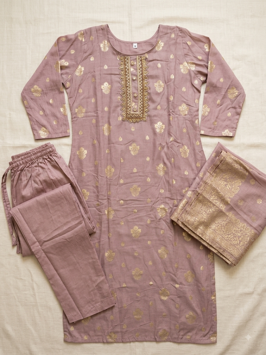 Mauve Banarasi Silk Embroidered Kurta Set with Dupatta | Festive Ethnic Wear